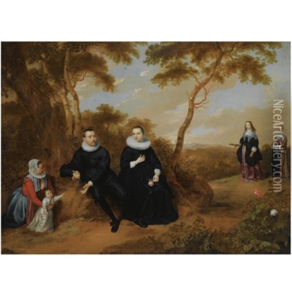 A Portrait Of A Gentleman And His Wife, Their Son And A Wet Nurse, Seated In A Wooded Landscape, Their Daughter And A Maid Approaching On A Path Oil Painting - Jan Mytens