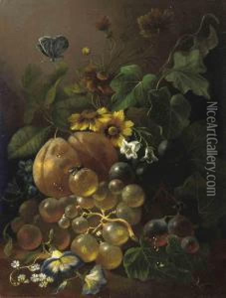 White And Black Grapes And Other Fruit, With Forget-me-nots, Violets And Various Other Flowers And Insects Oil Painting - Jan Van Der Waarden