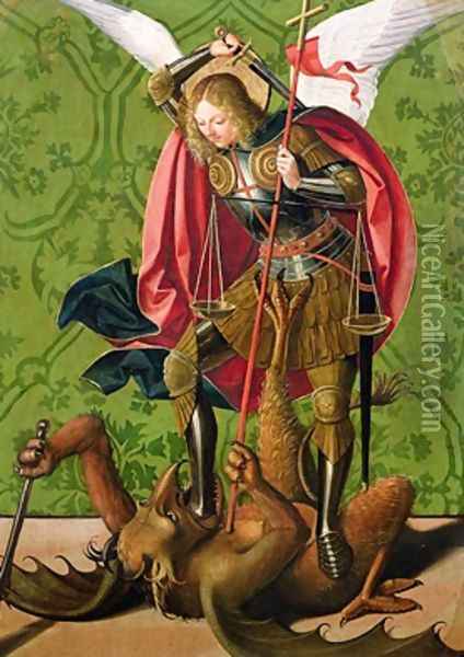 St Michael Killing the Dragon Oil Painting - Josse Lieferinxe