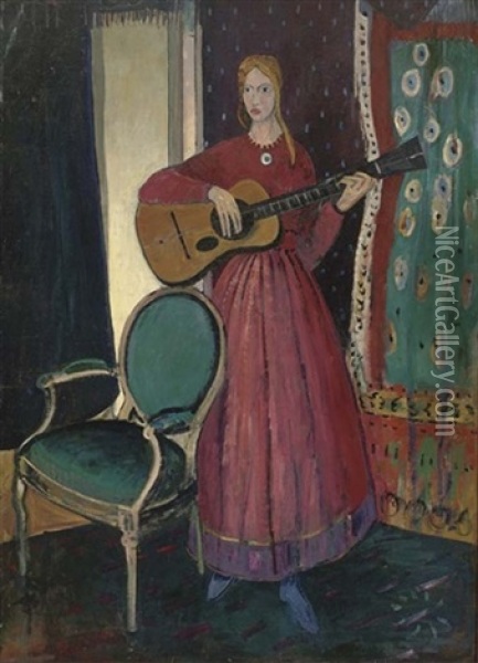 Girl Playing A Guitar Oil Painting - James Dickson Innes