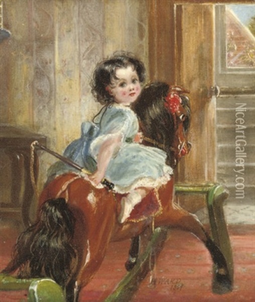 Flora Emma Sarah Ward On A Rocking Horse Oil Painting - Henrietta May Ada Ward