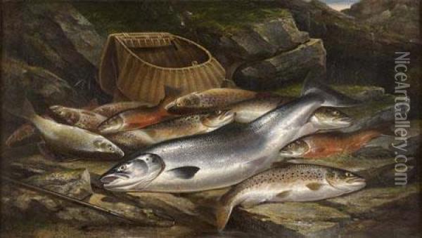 A Still Life Of Assorted Fish On A Riverbank Oil Painting - Henry Leonidas Rolfe
