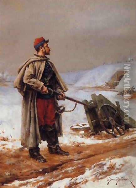 A Foot Soldier In The Snow Oil Painting - Etienne Prosper Berne-Bellecour