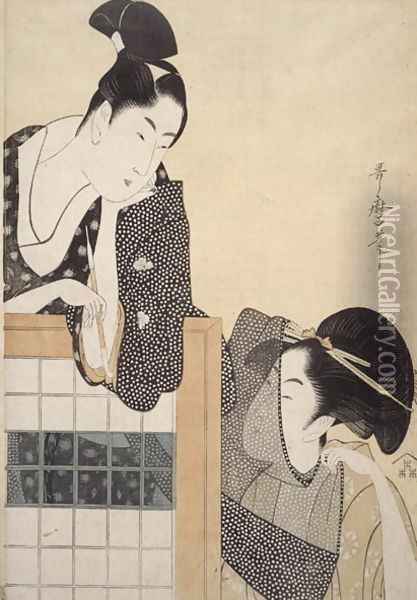 Couple with a Standing Screen, Edo Period, c.1797 Oil Painting - Kitagawa Utamaro