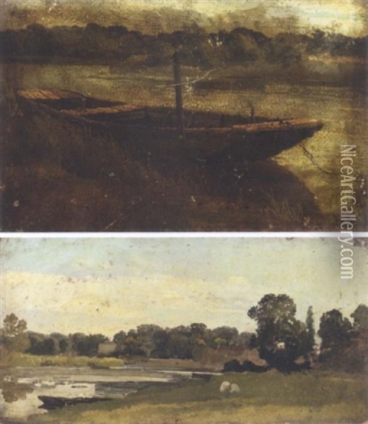 Study Of A Punt Moored At Twickenham (+ A Study Of A River Landscape; 2 Works) Oil Painting - John Linnell