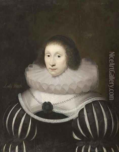 Portrait of Margaret, Lady Heath, wife of Sir Robert Heath, half-length, in a black dress with slashed sleeves and a white ruff, with a rope of pearls Oil Painting - Cornelis I Johnson