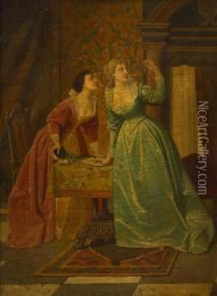 Deux Jeunes Femmes Admirant Des Bijoux Oil Painting - Louis Willems