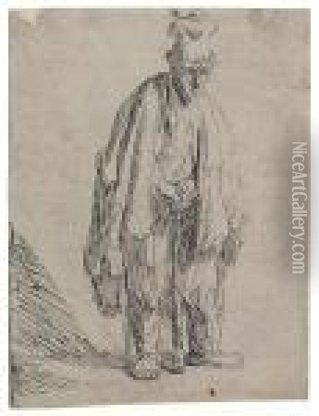 Beggar In A High Cap, Standing And Leaning On A Stick Oil Painting - Rembrandt Van Rijn