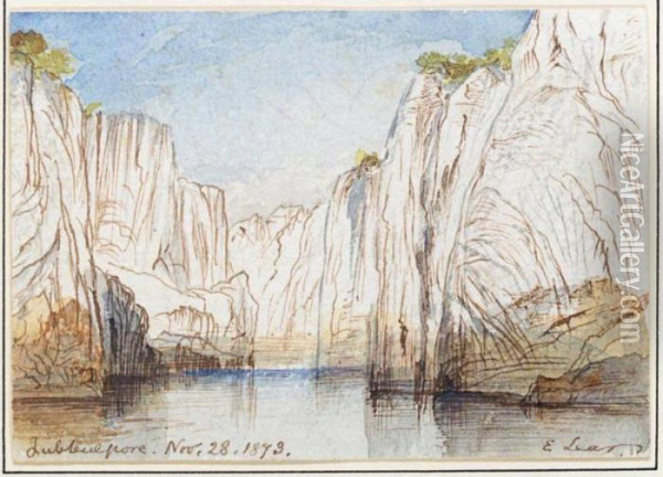 Jabalpur. Rocks Of The Narbada River At Bheraghat, November 1873 Oil Painting - Edward Lear