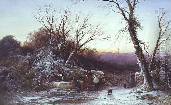 The Roadside Spring: Winters Evening Oil Painting - George Alfred Williams