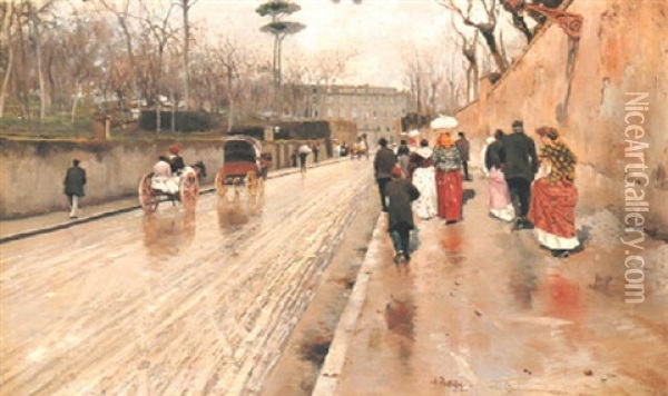 Figures With Horses And Carriages In A Street In Vomero Oil Painting - Attilio Pratella