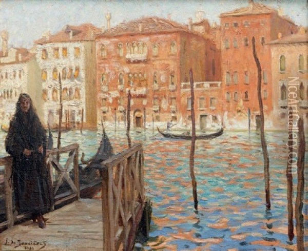 Femme En Noir Sur Un Ponton A Venise Oil Painting - Leonce J. V. de Joncieres