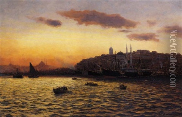 Boats Passing The Waterfront Of Karakoy Below The Galata Tower, Constantinople Oil Painting - Karl Paul Themistocles von Eckenbrecher