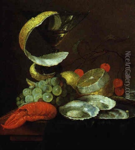 Stilleben Von Fruchten, Austern, Und Einem Glas Wein Oil Painting - Cornelis De Heem