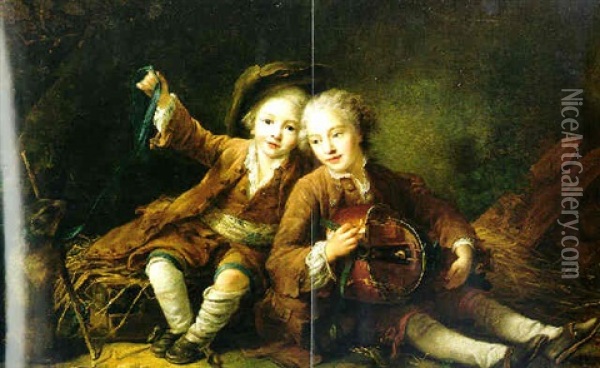The Children Of The Duc De Bouillon Dressed As Montagnards, One Playing A Hurdy-gurdy And The Other A Marmot On A Ribbon Oil Painting - Francois Hubert Drouais
