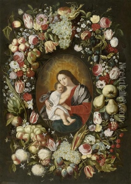 Blumen- Und Fruchtekranz Um Ein Bildnis Der Madonna Mit Kind Oil Painting - Philippe de Marlier