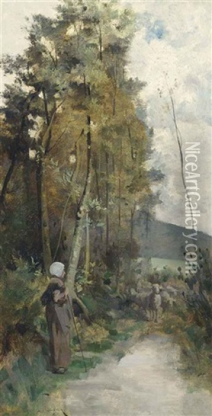 A Shepherdess And Her Sheep On A Country Road Oil Painting - Harry Ives Thompson