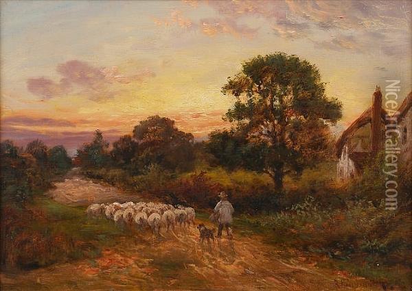 A Shepherd And His Flock On A Lane At Sunset Oil Painting - Richard George Hinchcliffe