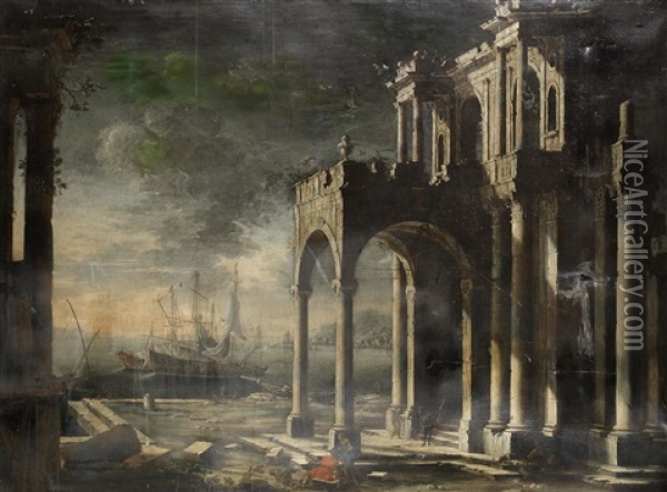 A Capriccio Of A Ruined Classical Palace With Ships In A Mediterranean Harbour Beyond Oil Painting - Leonardo Coccorante