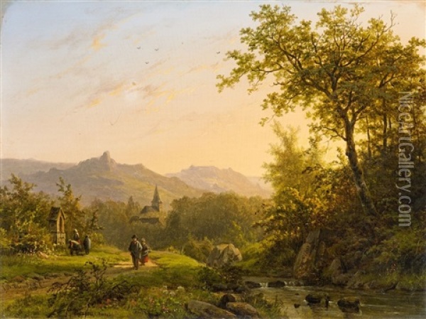 Landscape With A Stream At Sunset Oil Painting - Johann Bernard Klombeck