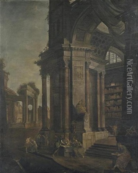 Veduta Fantastica Con Antica Biblioteca E Filosofi Oil Painting - Pietro Paltronieri