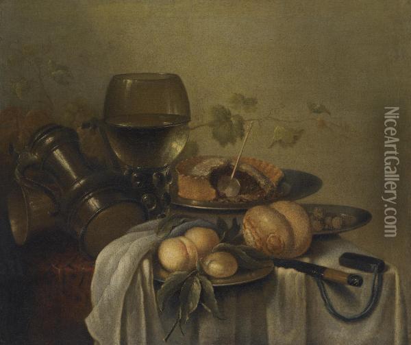 A Still Life With A Meat Pie, Bread, A Glass Roemer And Other Objects On A Table Oil Painting - Pieter Claesz.