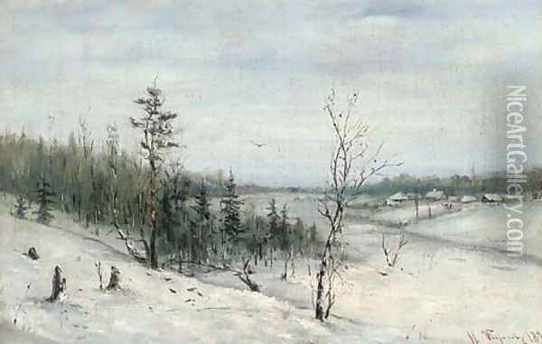 Winter woodland before a hamlet Oil Painting - Russian School
