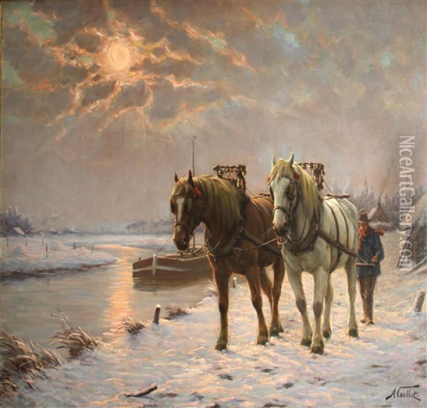 Winter Landscape With Horses Oil Painting - Albert Caullet