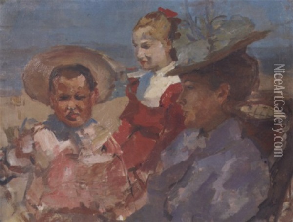 Aan Het Strand: A Governess With Two Children On The Beach, Scheveningen Oil Painting - Isaac Israels