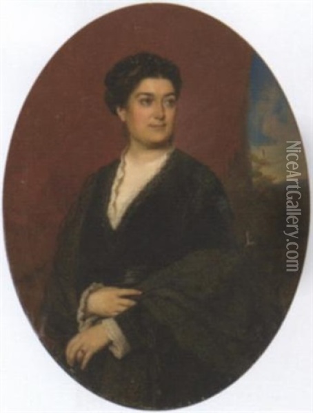 Portrait Of A Lady Wearing A Black Dress, A Landscape Beyond Oil Painting - Johann Grund