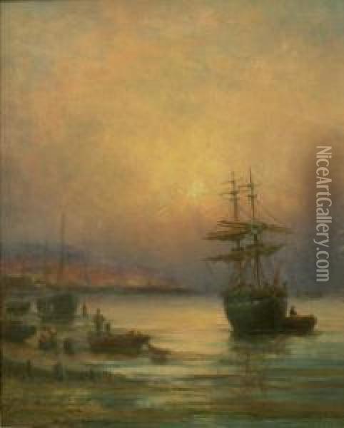 Beached Sailing Vessels In The South Bay Scarborough At Sunrise Oil Painting - Charles Thorneley