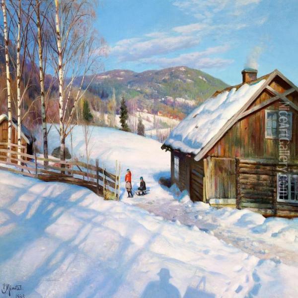 Winter Day Near Odnes, Norway, With Children Playing In The Snow Oil Painting - Peder Mork Monsted