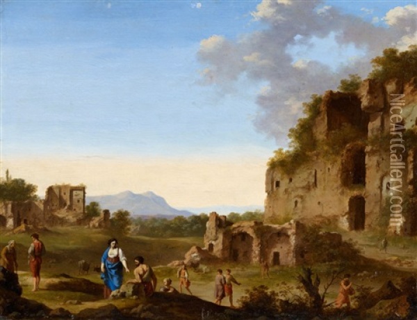 Roman Landscape With Ruins And Travellers Oil Painting - Cornelis Van Poelenburgh