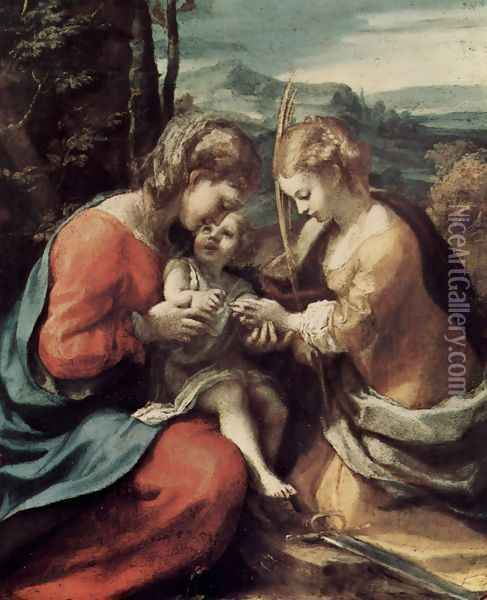 The Mystical Marriage of St. Catherine of Alexandria Oil Painting - Antonio Allegri da Correggio