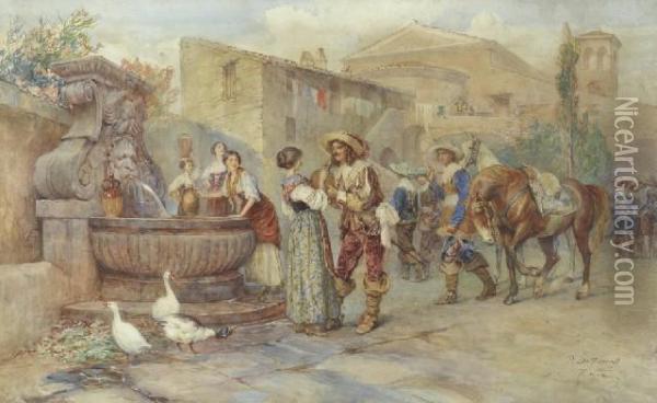 By The Water Fountain, Roma Oil Painting - Publio Tommasi
