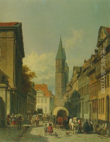 A Busy Street In A German Town Oil Painting - Jacques Francois Carabain