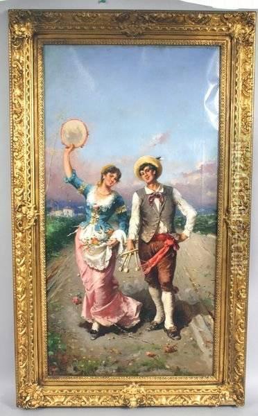 Man And Woman On A Country Road Oil Painting - Francesco Peluso