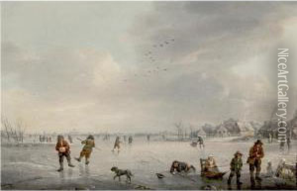 Skaters On A Frozen River Oil Painting - Marten J. Waefelaers