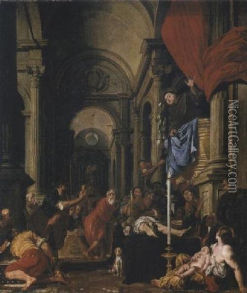 Saint Anthony Of Padua Preaching About The Miser's Heart Oil Painting - Giovanni Francesco Carbone