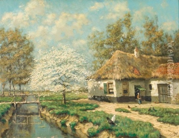 A Farmhouse Near A Canal In Spring Time Oil Painting - Tinus de Jongh