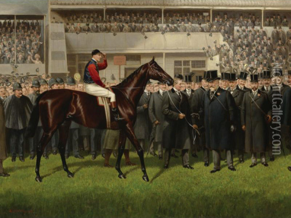 H.m. King Edward Vii's Minoru With Herbert Jones Up In The Winner's Circle At Epsom, 26 May 1909 Oil Painting - Alfred Charles Havell