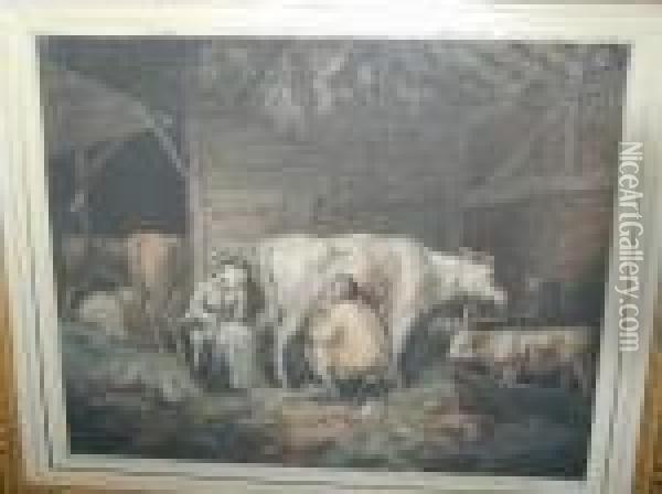The Cowman And Maid With Cattle In The Stable Oil Painting - James Ward