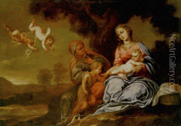 La Virgen Con El Nino, Santa Isabel Y San Juanito Oil Painting - Pedro Anastasio Bocanegra