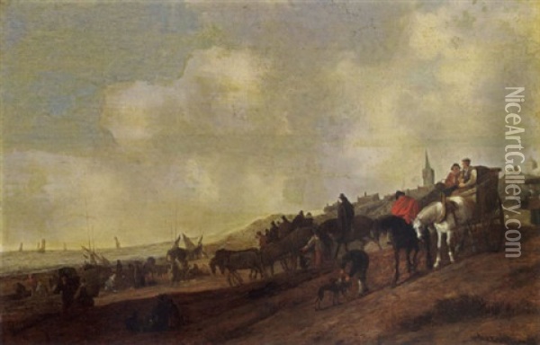 A Beach Scene With Fishermen Unloading Their Catch, And Figures Arriving In Horse-drawn Carts Together With Their Dogs, A Church Tower And A Village Beyond Oil Painting - Cornelis Beelt