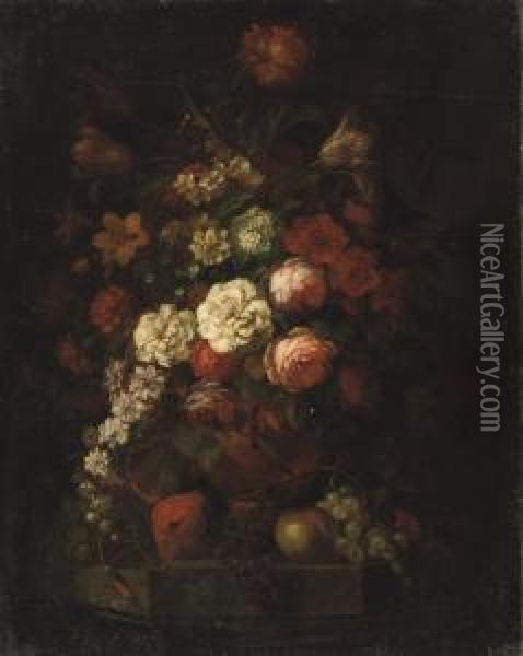 Pink Roses, Tulips And Various 
Other Flowers In A Vase Together With Red And Blue Grapes And Apples On A
 Ledge Oil Painting - Rachel Ruysch
