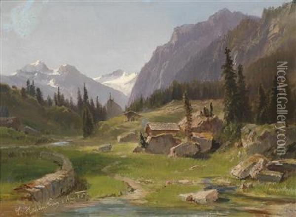 Idyllic Mountain Landscape Oil Painting - Ludwig Halauska