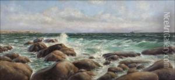 Aurinkoinen Rannikkomaisema. Oil Painting - Berndt Adolf Lindholm