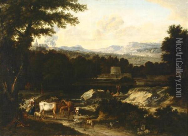 Landscape With Cattle Drover Oil Painting - Nicolaes Berchem