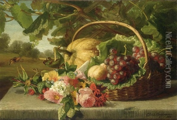 A Still Life With Flowers, Grapes And A Melon Oil Painting - Gerardina Jacoba van de Sande Bakhuyzen