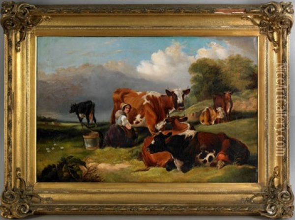 Pastoral Landscape With A Young Woman Milking A Cow Oil Painting - Francis Daniel Devlan